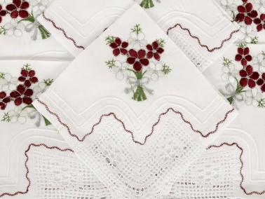 Daisy Handmade Laced Kitchen Set Burgundy - Cream - Thumbnail