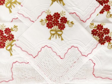 Daisy Handmade Laced Kitchen Set Red - Gold - Thumbnail