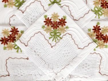 Flowers Handmade Lace Kitchen Set Beige - Green - Thumbnail