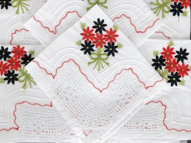 Flowers Handmade Lace Kitchen Set Red - Green - Thumbnail