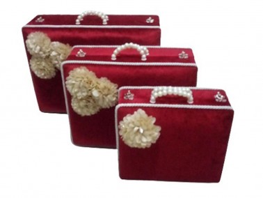 Dowry Pearl Bouquet 3-Piece Dowry Bag Burgundy - Thumbnail