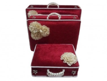 Dowry Pearl Bouquet 3-Piece Dowry Bag Burgundy - Thumbnail
