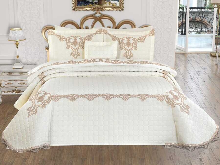 Dowry Quilted Bedspread Pelin Cream - Thumbnail