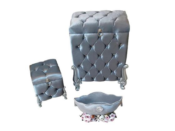 Dowry Quilted Carmen 3 Pcs Dirty Basket Set With Pearls Gray