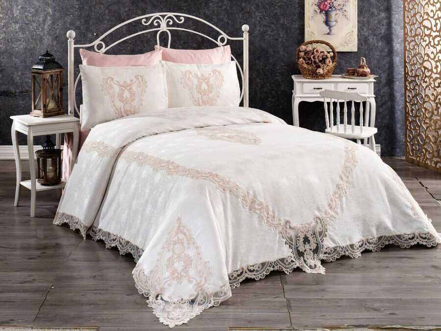 Dowry World - Çeyizlik Vuslat طقم غطاء صيفي لون كريمي- وردي فاتح