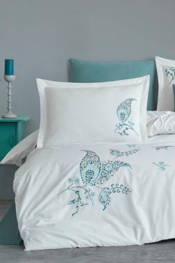 Chal Embroidered 100% Cotton Duvet Cover Set, Duvet Cover 200x220, Sheet 240x260, Double Size, Full Size Cream - Thumbnail