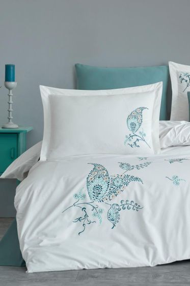 Chal Embroidered 100% Cotton Duvet Cover Set, Duvet Cover 200x220, Sheet 240x260, Double Size, Full Size Cream