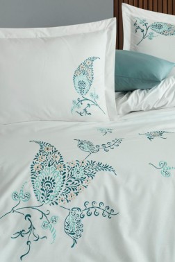 Chal Embroidered 100% Cotton Duvet Cover Set, Duvet Cover 200x220, Sheet 240x260, Double Size, Full Size Cream - Thumbnail