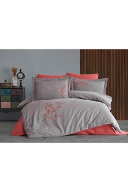 Chal Embroidered 100% Cotton Duvet Cover Set, Duvet Cover 200x220, Sheet 240x260, Double Size, Full Size Gray - Thumbnail