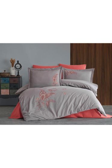 Chal Embroidered 100% Cotton Duvet Cover Set, Duvet Cover 200x220, Sheet 240x260, Double Size, Full Size Gray