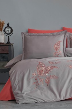 Chal Embroidered 100% Cotton Duvet Cover Set, Duvet Cover 200x220, Sheet 240x260, Double Size, Full Size Gray - Thumbnail