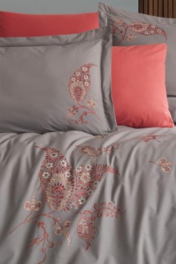 Chal Embroidered 100% Cotton Duvet Cover Set, Duvet Cover 200x220, Sheet 240x260, Double Size, Full Size Gray - Thumbnail