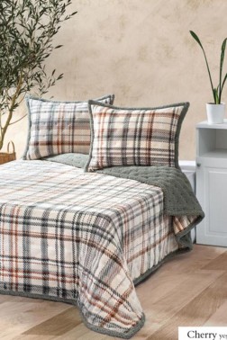 Çeyiz Diyarı - Cherry All Day King Size Bedspread Set 3pcs, Coverlet 220x240 with Pillowcase, Ultra Soft Plush Fabric, Green