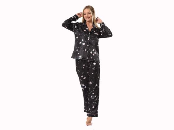 Floral Patterned Satin Pajamas Set 5667 Black