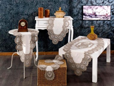 Çeyiz Diyarı - Çilem Velvet Cord 5 Piece Living Room Set Cream Cappucino