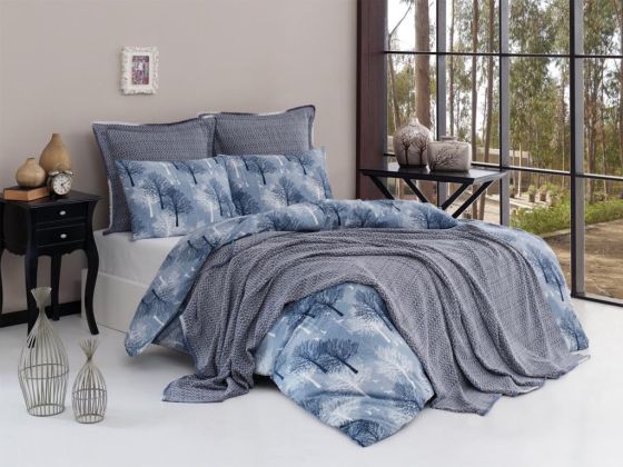 Cinar Bedding Set 7 Pcs, Bedspread 200x230, Duvet Cover 200x220, Bed Sheet, Double Size, Self Patterned, Blue