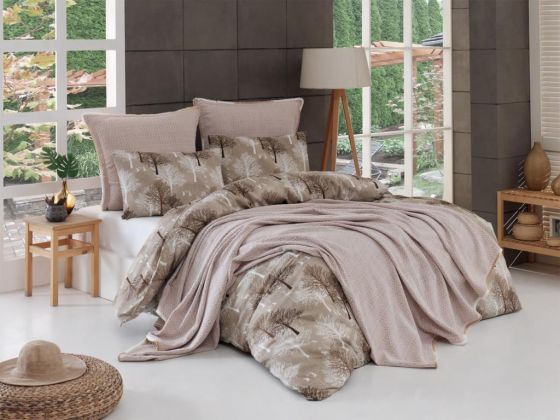 Cinar Bedding Set 7 Pcs, Bedspread 200x230, Duvet Cover 200x220, Bed Sheet, Double Size, Self Patterned, Brown
