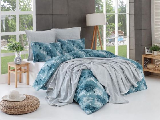 Cinar Bedding Set 7 Pcs, Bedspread 200x230, Duvet Cover 200x220, Bed Sheet, Double Size, Self Patterned, Green