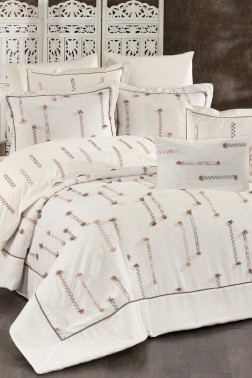 Cise Bridal Set 10 pcs, Bedspread 250x260, Sheet 240x260, Duvet Cover 200x220, Double Size, Full Bed, Cream - Brown - Thumbnail