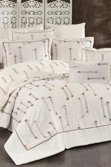 Cise Bridal Set 10 pcs, Bedspread 250x260, Sheet 240x260, Duvet Cover 200x220, Double Size, Full Bed, Cream - Brown