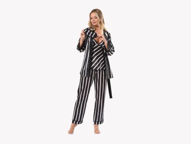 Striped Satin 3-piece Pajamas Set 8544 Black and White - Thumbnail