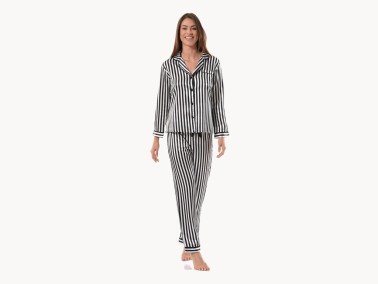 Striped Satin Pajamas Set 5644 Black White - Thumbnail