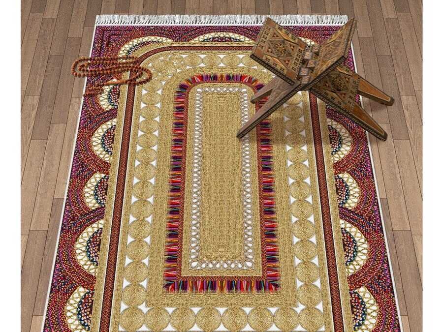 Colorful Velvet Prayer Rug Burgundy - Thumbnail