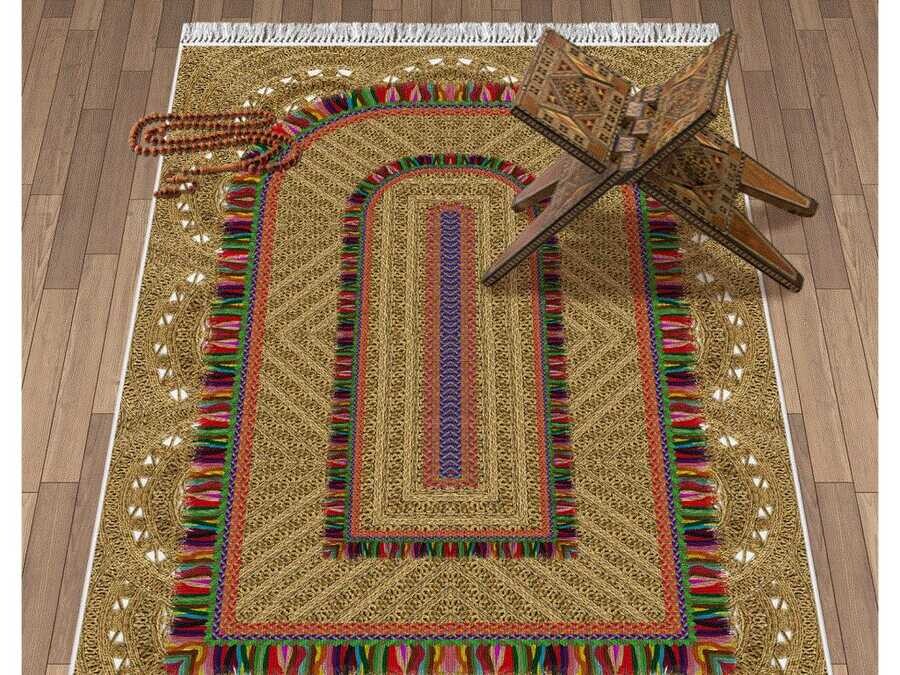 Colorful Velvet Prayer Rug Green - Thumbnail