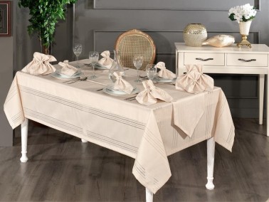 Corvver Dinner/Launch Set 26pcs, Tablecloth 160x220, Runner, Napkins, Rings Beige - Thumbnail