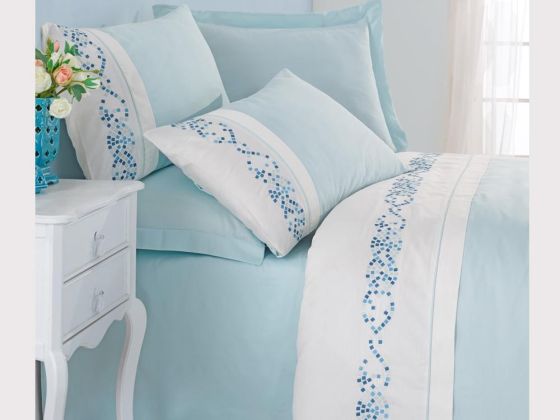 Cotton Box Embroidered Satin Duvet Cover Set Terry Mint