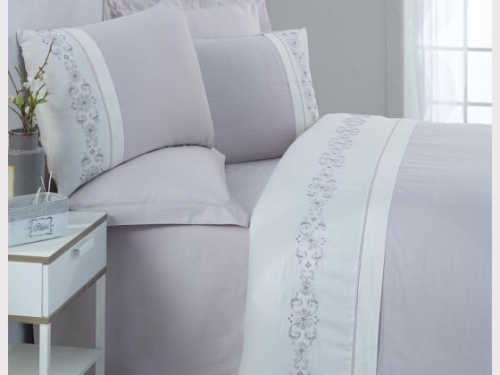 Cotton Box Embroidered Satin Duvet Cover Set Tilda Gray