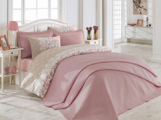  طقم غطاء سرير مزدوج مبطن - وردي Cotton Box Daily
