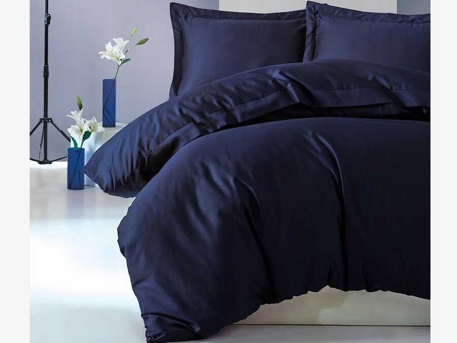 Cotton Box Navy Blue Cotton Satin Duvet Cover Set Double