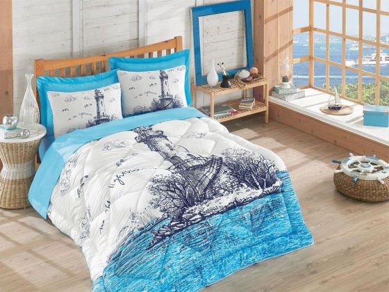 Cotton Box Maritime Lighthouse Ranforce Double Bedding Set Blue
