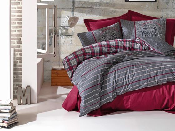 Cotton Box Masculine Double Duvet Cover Set Jonas Claret Red