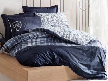 Cotton Box Masculine Double Duvet Cover Set Pablo Navy Blue - Thumbnail