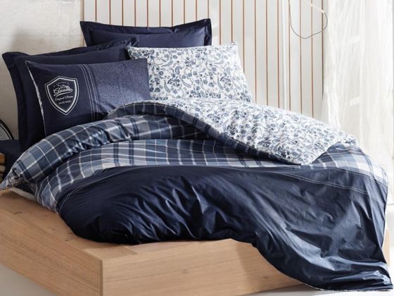 Cotton Box Masculine Double Duvet Cover Set Pablo Navy Blue