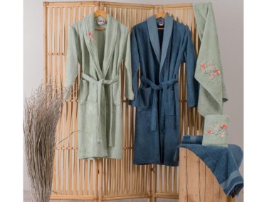 Cotton Box Embroidered 3d Bamboo Family Bathrobe Set Alvin Green Blue - Thumbnail