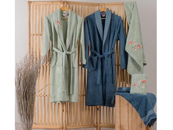 Cotton Box Embroidered 3d Bamboo Family Bathrobe Set Alvin Green Blue