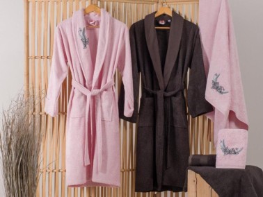 Cotton Box Embroidered 3d Bamboo Family Bathrobe Set Perla Pink Anthracite - Thumbnail