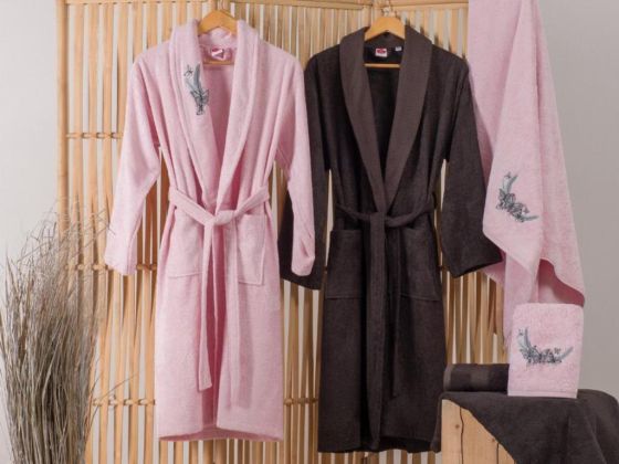 Cotton Box Embroidered 3d Bamboo Family Bathrobe Set Perla Pink Anthracite