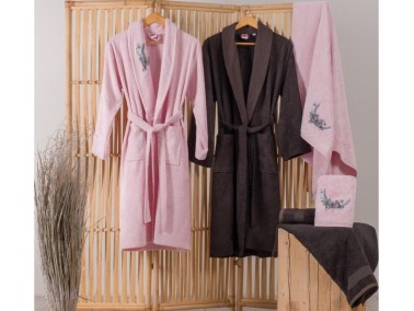 Cotton Box Embroidered 3d Bamboo Family Bathrobe Set Perla Pink Anthracite - Thumbnail