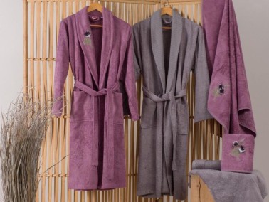 Cotton Box Embroidered 3d Bamboo Family Bathrobe Set Violet Plum Gray - Thumbnail