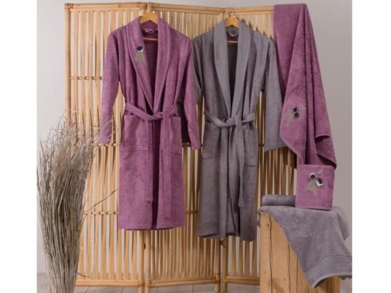 Cotton Box Embroidered 3d Bamboo Family Bathrobe Set Violet Plum Gray