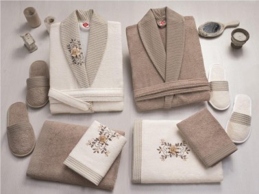 Cotton Box - Cotton Box Nakışlı 3d Bamboo Bornoz Seti Ekru Bej Cotton Box - Cotton Box Nakışlı 3d Bamboo Bornoz Seti Ekru Bej