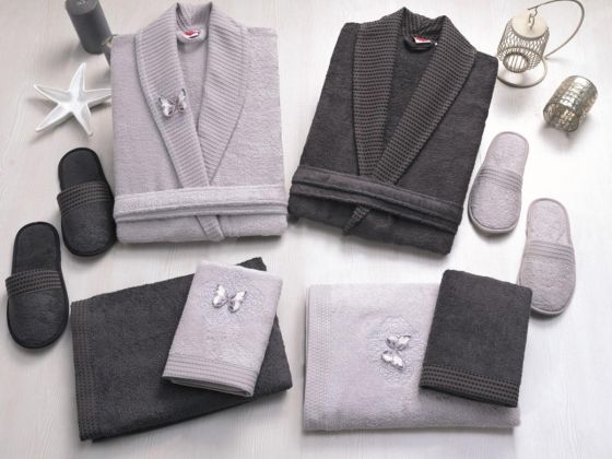 Cotton Box Embroidered 3d Bamboo Bathrobe Set Gray Anthracite