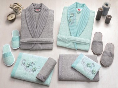 Cotton Box - Cotton Box Nakışlı 3d Bamboo Bornoz Seti Mint Gri