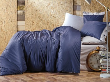 Cotton Box Plain Double Duvet Cover Set Navy Blue - Thumbnail