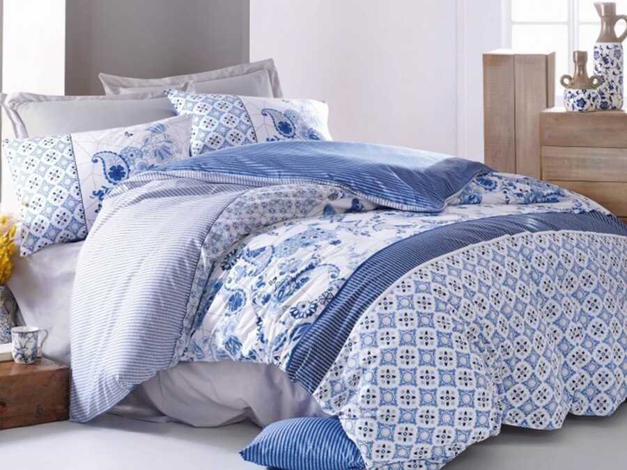 Cotton Box Ranforce Duvet Cover Set Milo Blue Double - Thumbnail