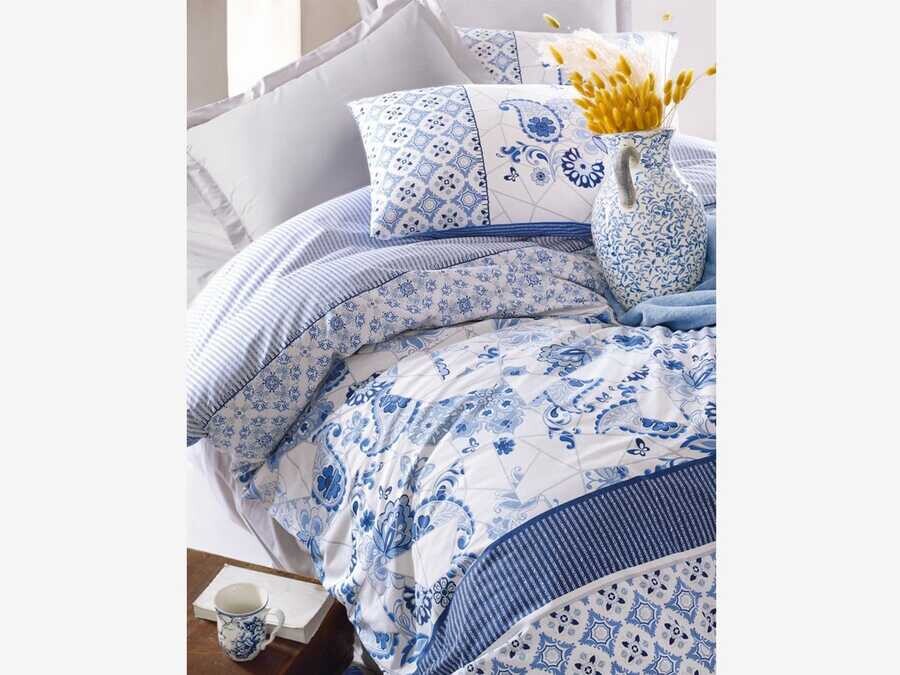 Cotton Box Ranforce Duvet Cover Set Milo Blue Double - Thumbnail